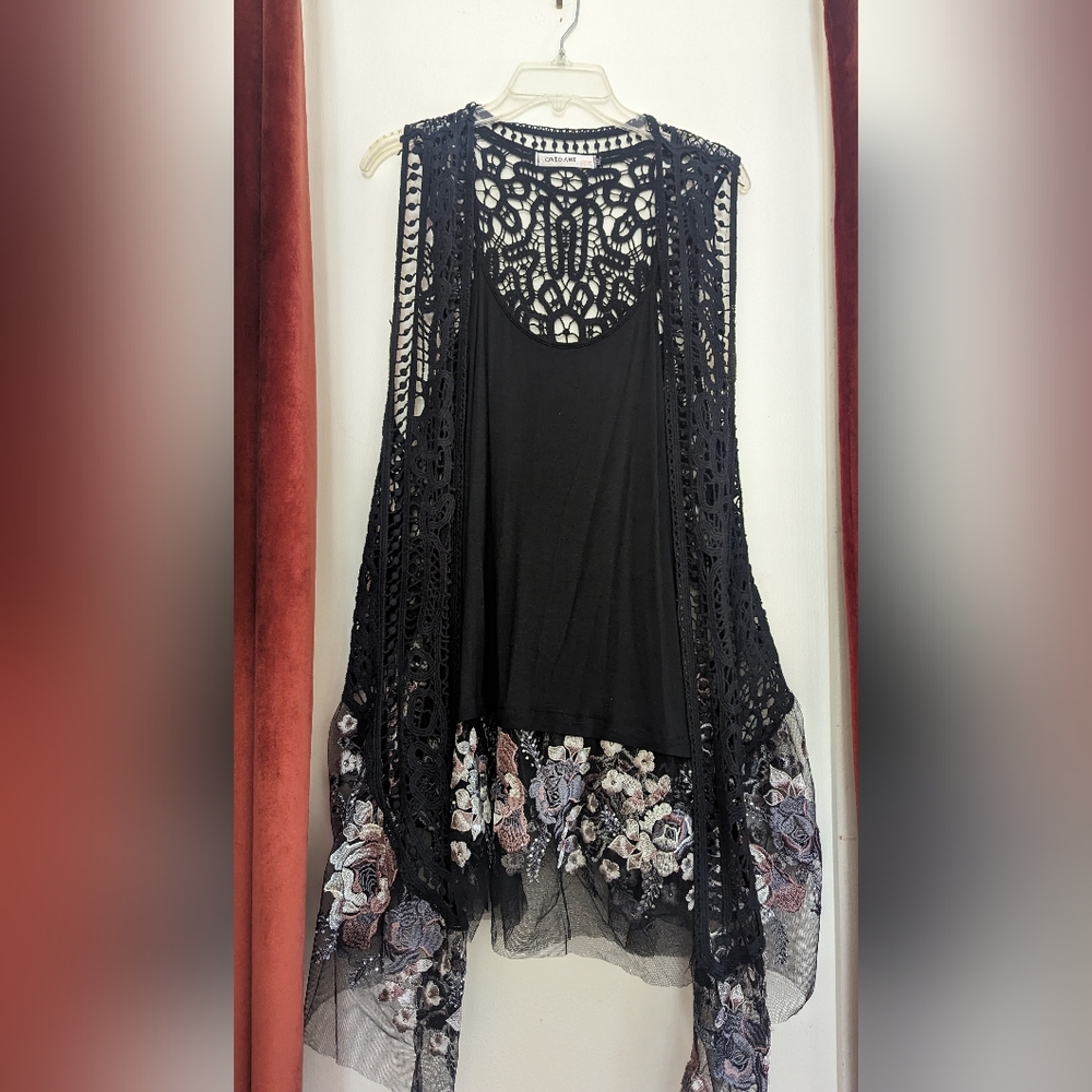 Origami - Black Floral Sheer Crochet Vest and Dress - Beach Boho Hippie
